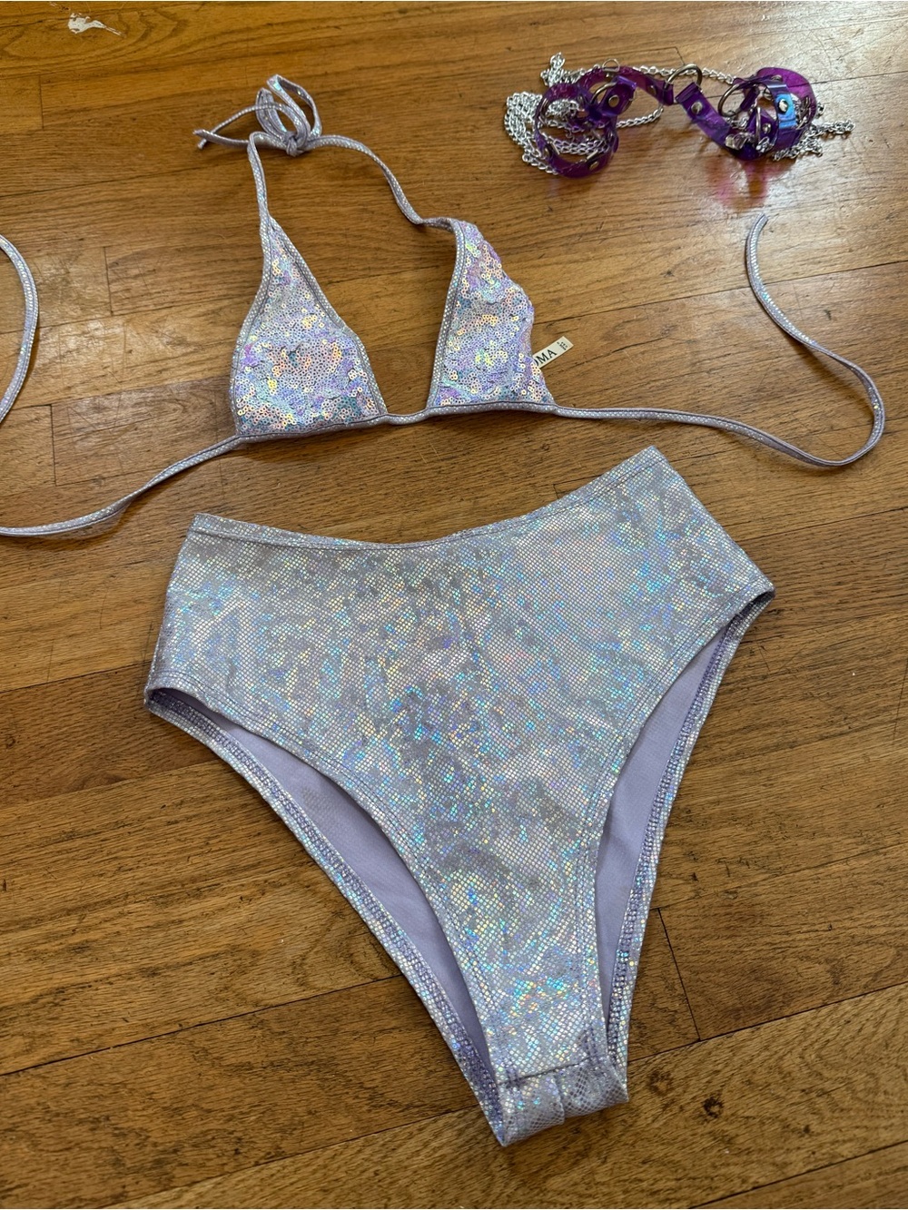 Roma Lavender Holographic Sequin Bikini Top and Matching Piece